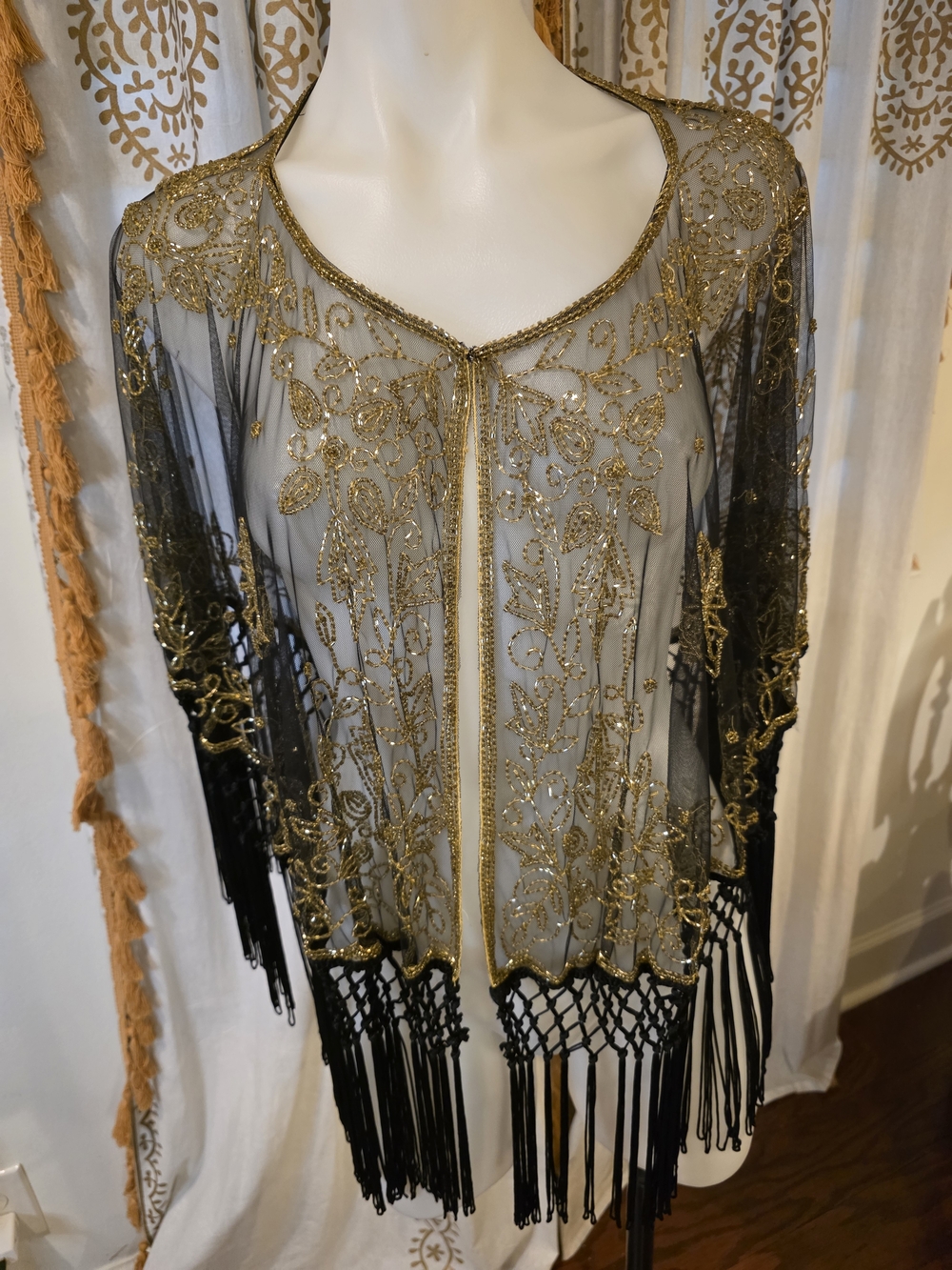 Krishma Shear Black and Gold Sequin Beaded 1920s style evening cape